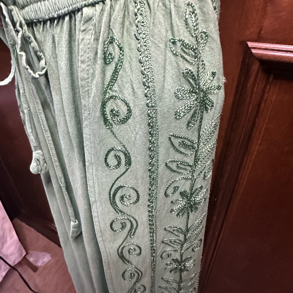 Green Wide-Leg Pants with High Waist and Silky Finish