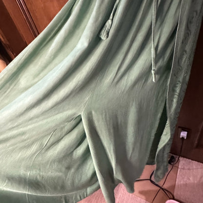 Green Wide-Leg Pants with High Waist and Silky Finish