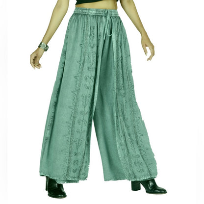 Green Wide-Leg Pants with High Waist and Silky Finish