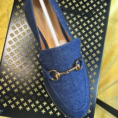130.Blue and Gold Denim Loafers with Horsebit Detail