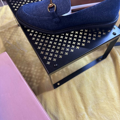 130.Blue and Gold Denim Loafers with Horsebit Detail