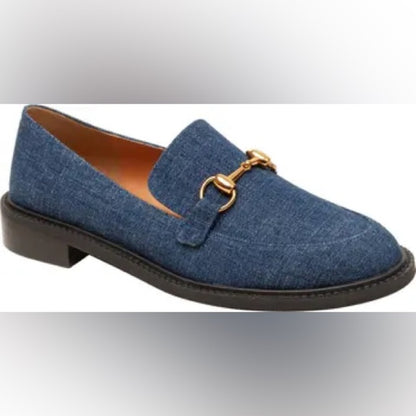 130.Blue and Gold Denim Loafers with Horsebit Detail