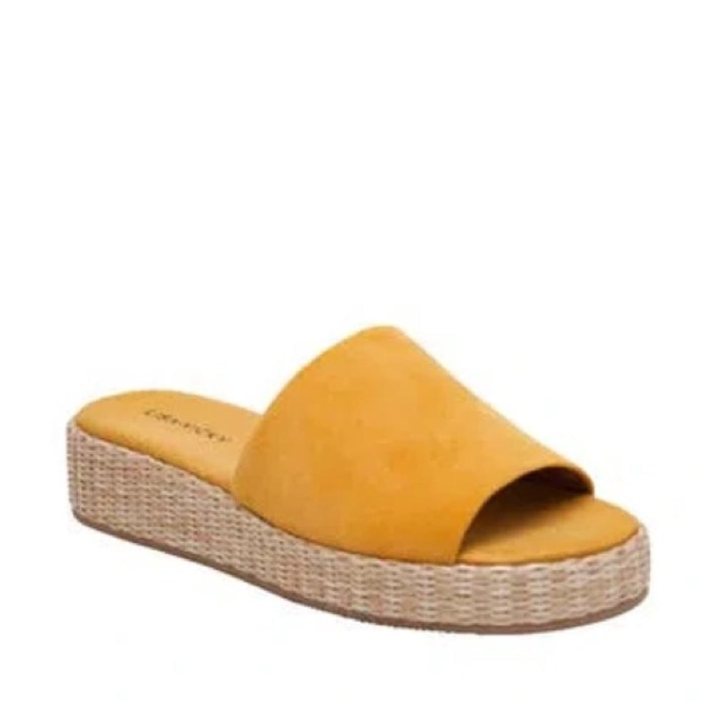 137. 135. NEW SIZE 8 Mustard Yellow Suede Mules with Cork Wedge
