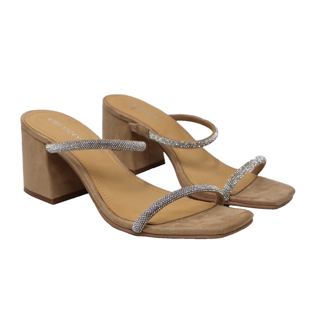 185.186. NEW SUZE 6.5-7 Sleek Tan and Silver Heels with Elegant Design