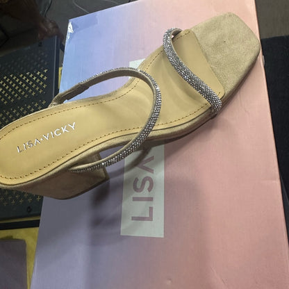 185.186. NEW SUZE 6.5-7 Sleek Tan and Silver Heels with Elegant Design