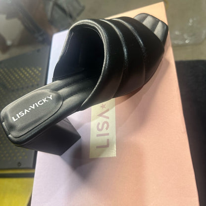 189. NEW SIZE 8M Black Ruched Leather Mules with Block Heel