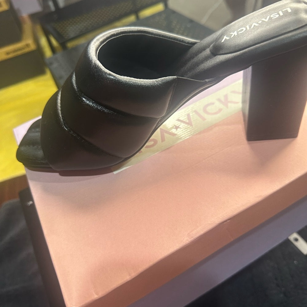 189. NEW SIZE 8M Black Ruched Leather Mules with Block Heel