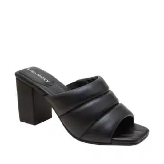 189. NEW SIZE 8M Black Ruched Leather Mules with Block Heel