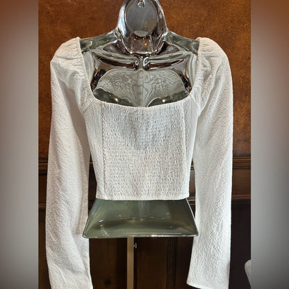 Astr White Ruched Puff Sleeve Crop Blouse