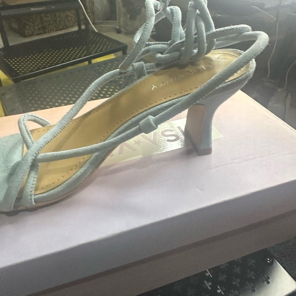 223. NEW SIZE 6 Lisa Vicky Suede Blue Strappy Heels with Kitten Heel