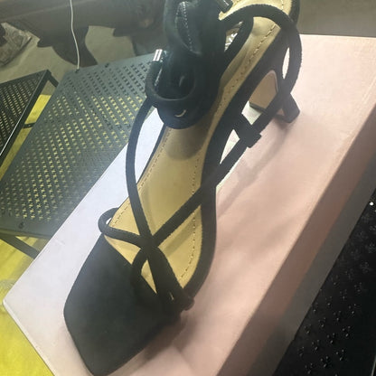 222. NEW 6.5 Black suede Strappy Lace-Up Heels with Kitten Heel
