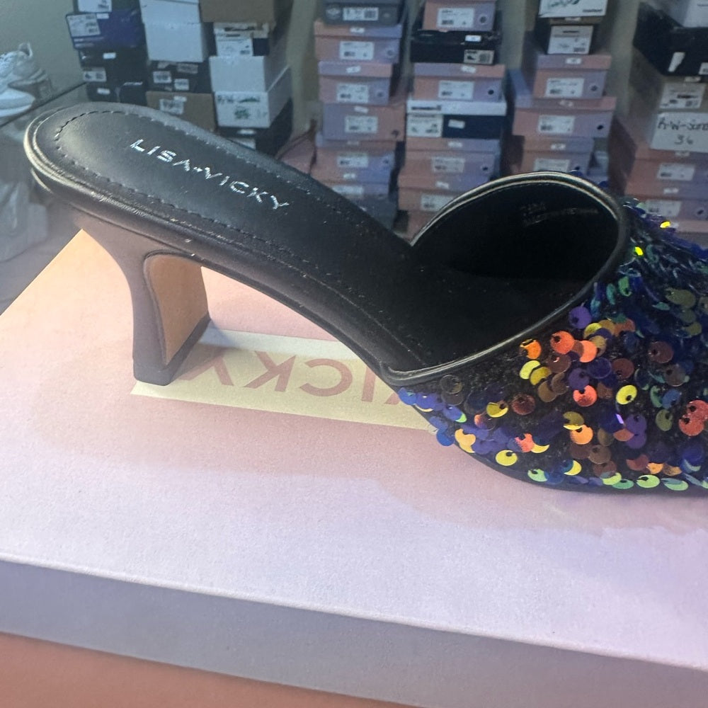 237. NEW SIZE 7.5 Black and Multi Payette Seq Heels w/ Playful Butterfly Design