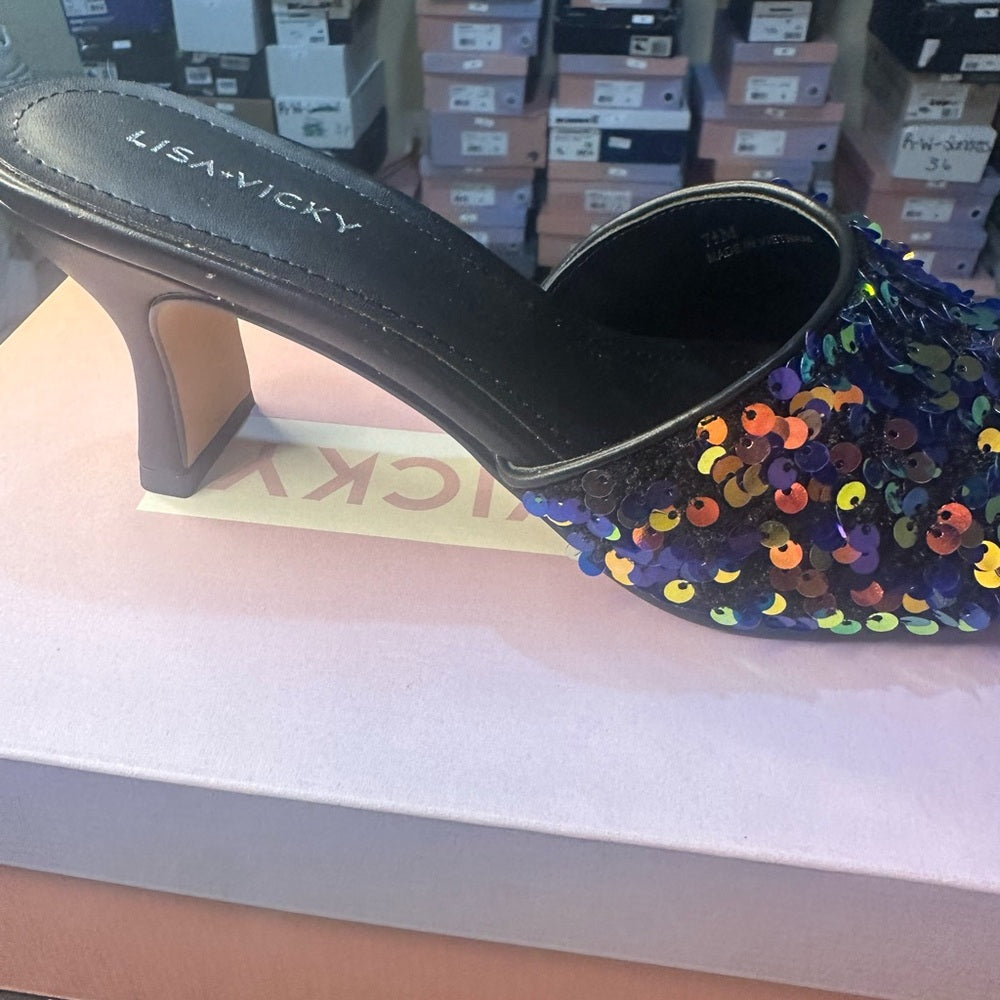 237. NEW SIZE 7.5 Black and Multi Payette Seq Heels w/ Playful Butterfly Design