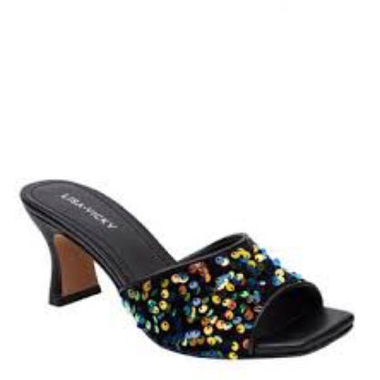 237. NEW SIZE 7.5 Black and Multi Payette Seq Heels w/ Playful Butterfly Design