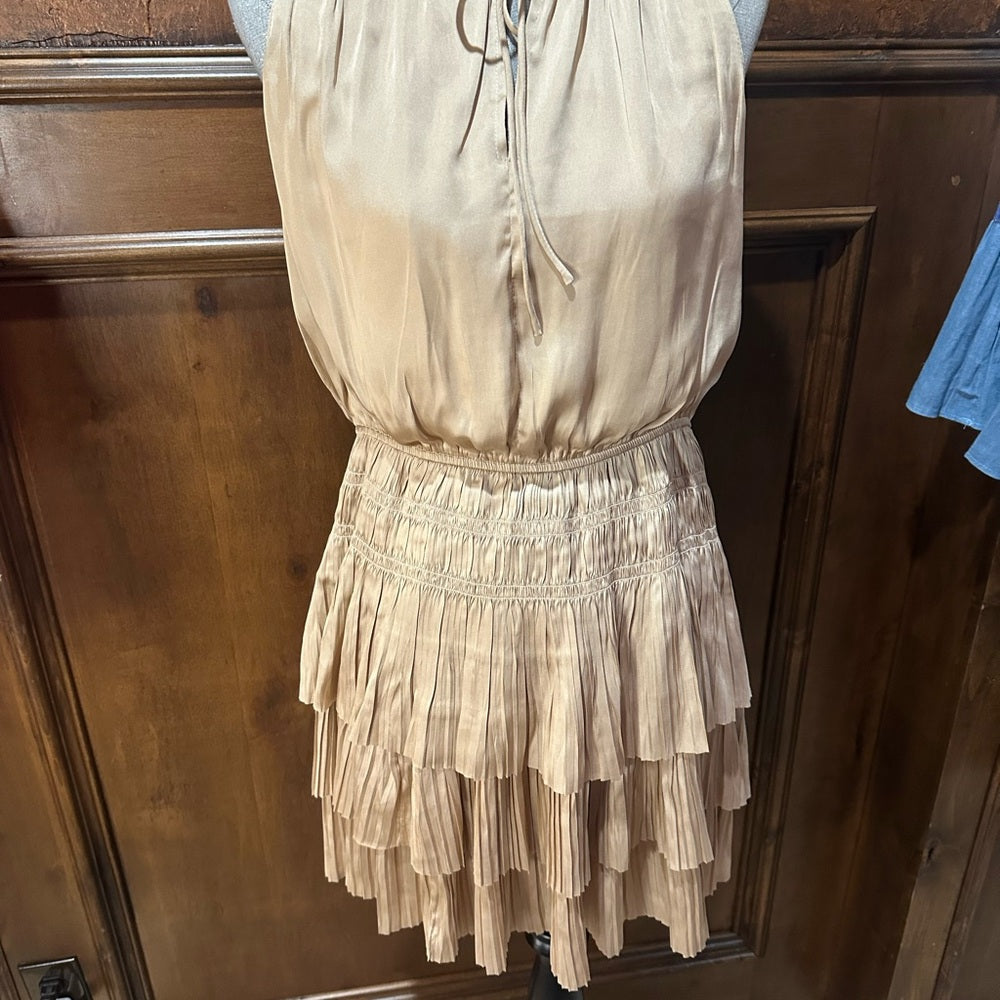 NWT SIZE L Tan Pleated Halter Mini Dress for Cocktail