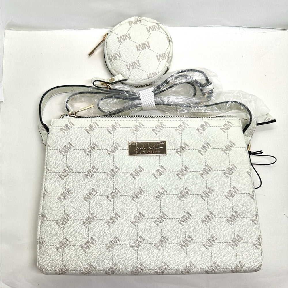 NWT Nicole Miller White Crossbody Bag with Classic Monogram Design