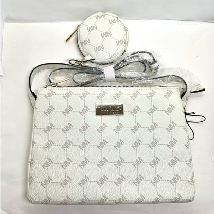 NWT Nicole Miller White Crossbody Bag with Classic Monogram Design