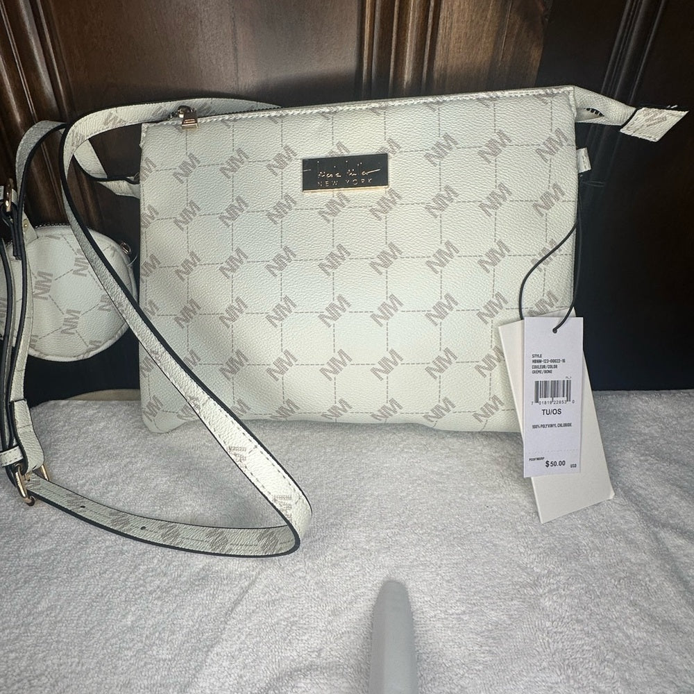 NWT Nicole Miller White Crossbody Bag with Classic Monogram Design