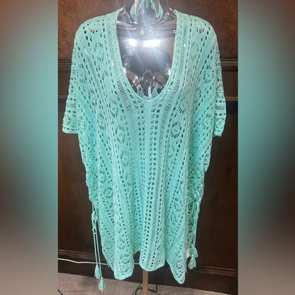 SIZE OS Green Knit Swim Coverup with Lacework and V-Neck