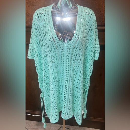 SIZE OS Green Knit Swim Coverup with Lacework and V-Neck