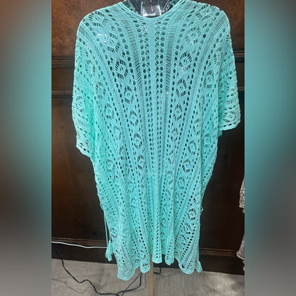 SIZE OS Green Knit Swim Coverup with Lacework and V-Neck