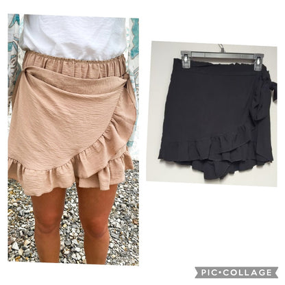SIZE XXXL Black Ruffled Wrap Mini Skorts for Resort Wear