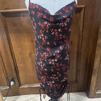 NWT SIZE M Black and Red Ruched Cowl Neck Midi Dress