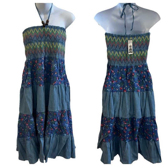 NWT SIZE L Blue and Green Halter Midi Sundress