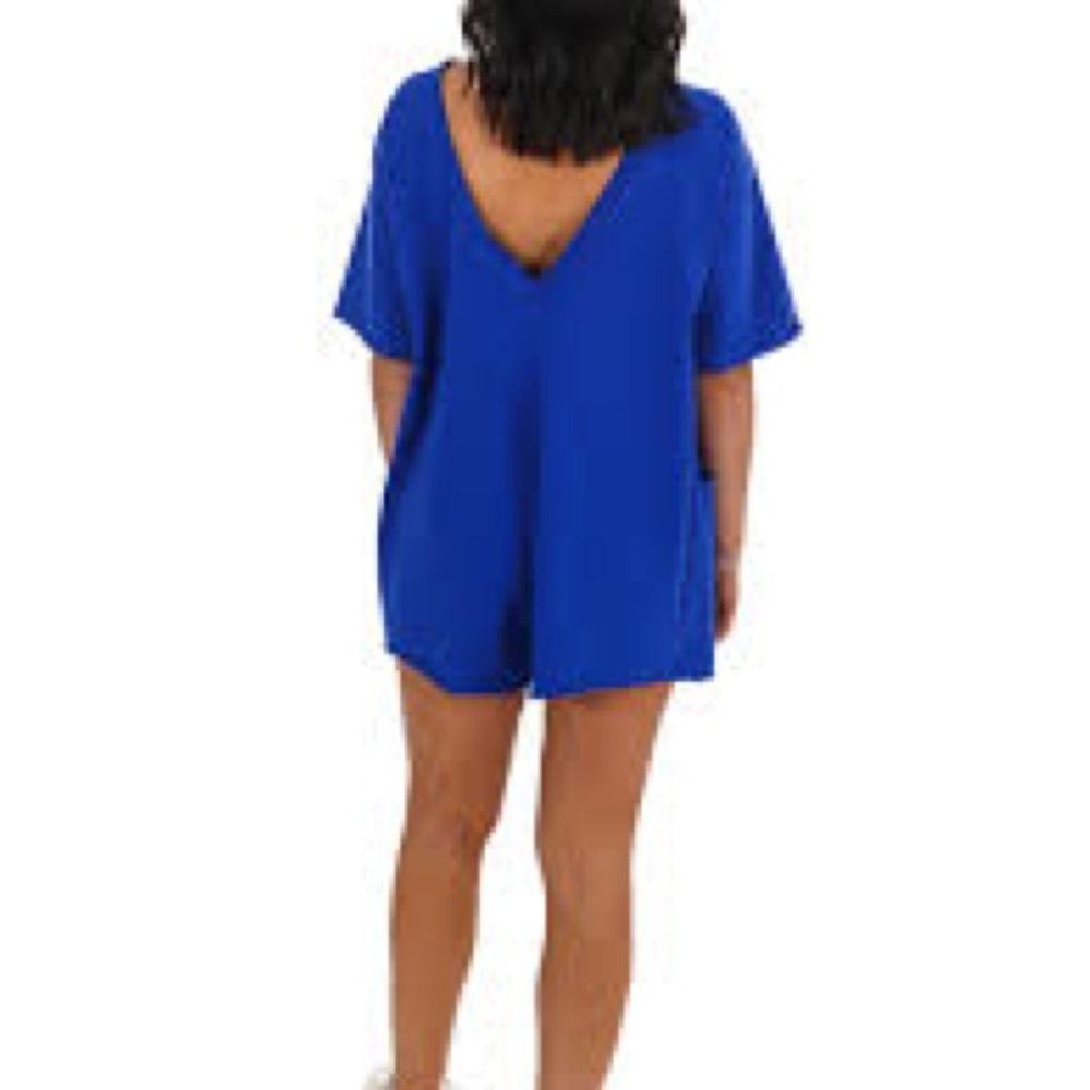 NWT SIZE M Free People Blue Jumpsuit Relaxed Fit Short Sleeves