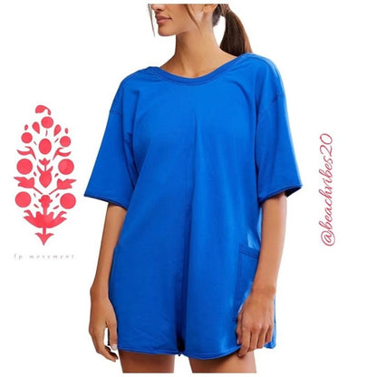 NWT SIZE M Free People Blue Jumpsuit Relaxed Fit Short Sleeves