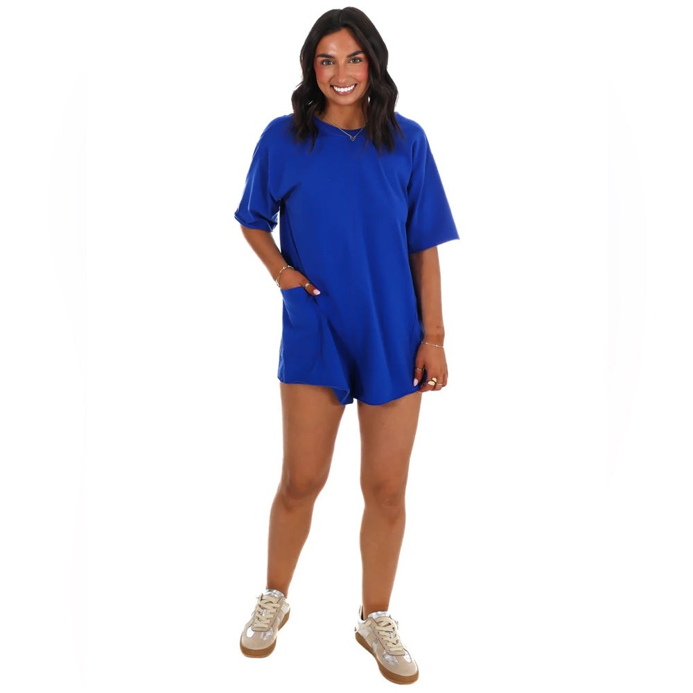 NWT SIZE M Free People Blue Jumpsuit Relaxed Fit Short Sleeves