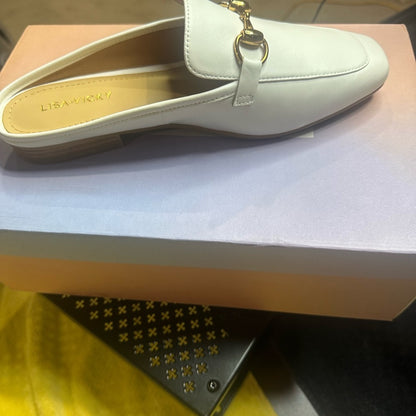 293. NEW SIZE 7.5 Cream Flat Loafers with Gold Detail