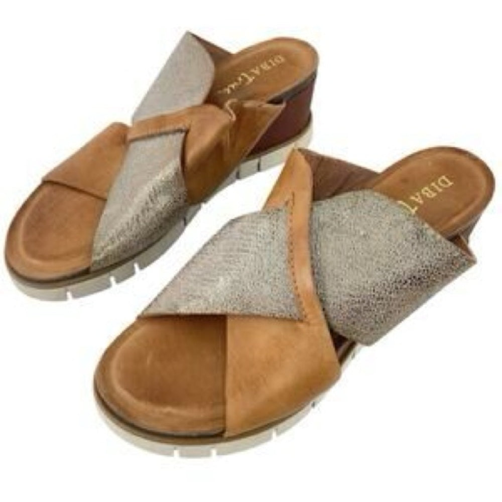327. SIZE 8 Diba Tan and Silver Crossover Wedges