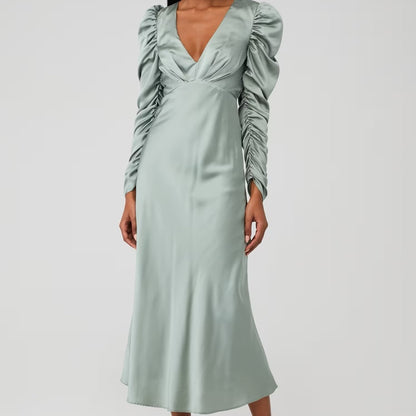 NWT SIZE XS/L Green Ruched Puff Sleeve Plunge Gown