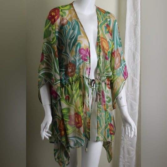 SIZE OS Coldwater Creek Floral Sheer Kimono - Green and Pink