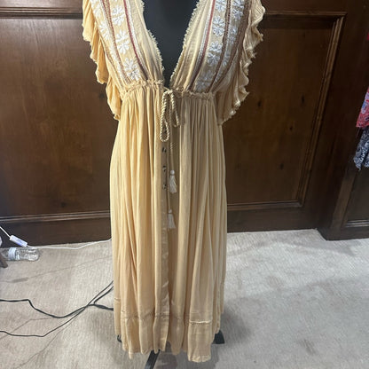 SIZE S Free People Yellow Resort Sundress w/Plunge Neckline, Flutter Sleeves