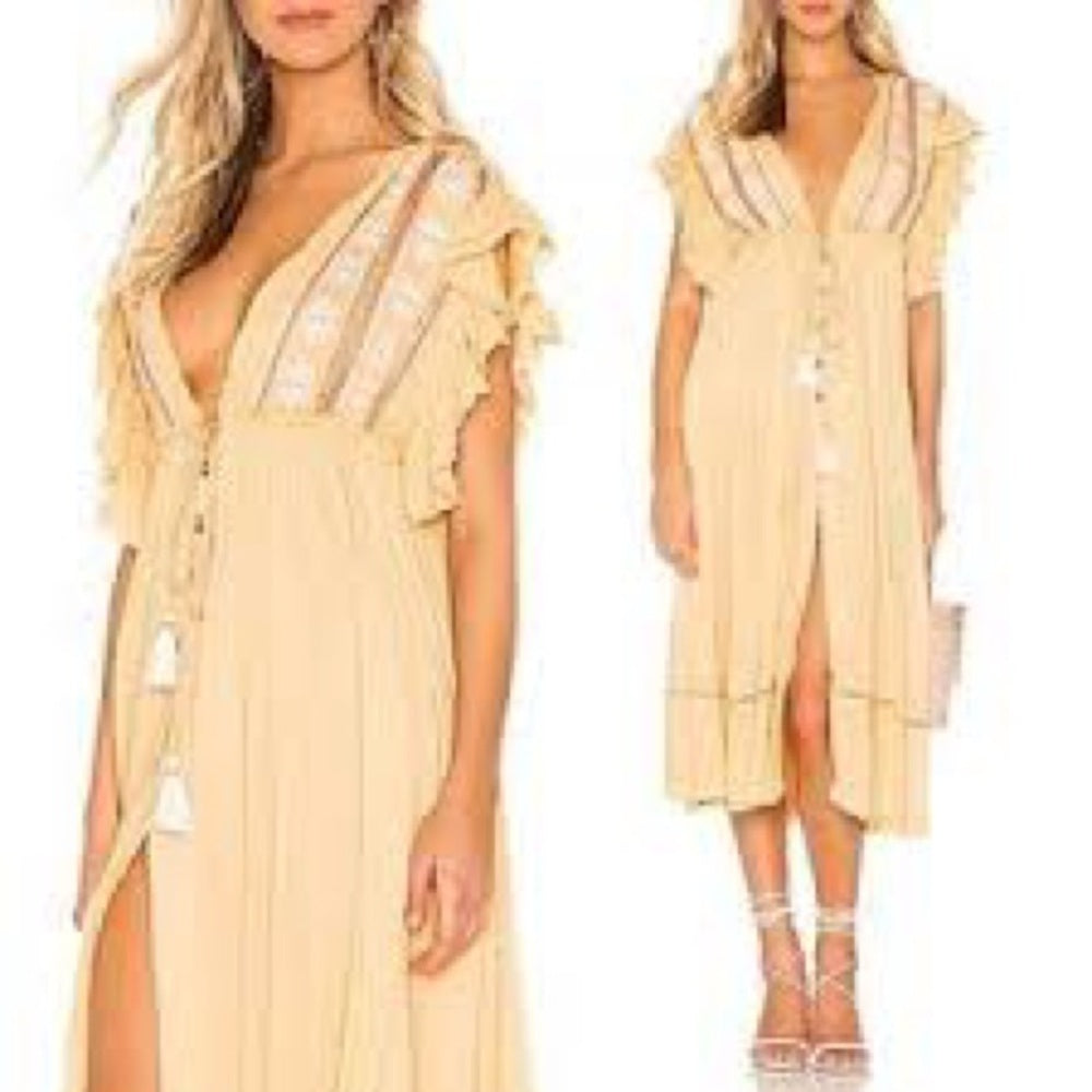 SIZE S Free People Yellow Resort Sundress w/Plunge Neckline, Flutter Sleeves