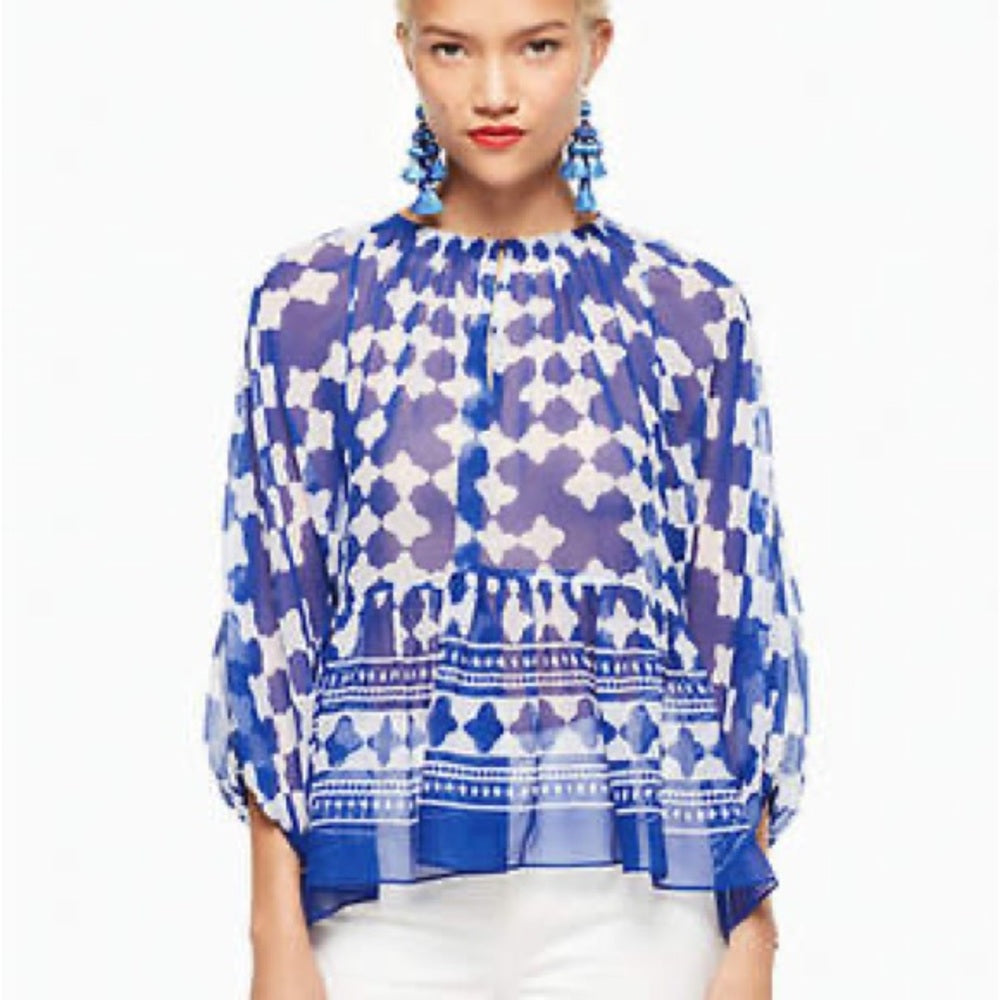 SIZE S Kate Spade Blue and White Geometric Blouse