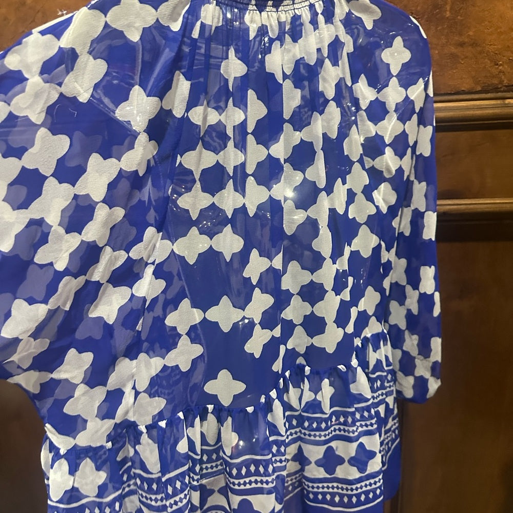 SIZE S Kate Spade Blue and White Geometric Blouse
