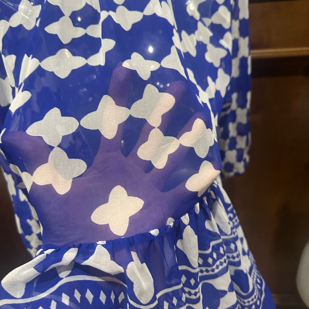 SIZE S Kate Spade Blue and White Geometric Blouse