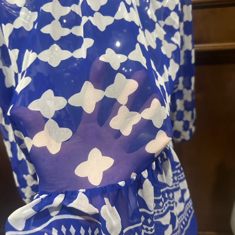SIZE S Kate Spade Blue and White Geometric Blouse