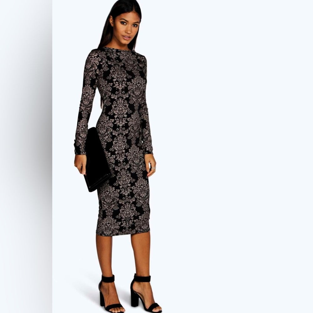 NWT SIZE 8 Boohoo Elegant Black and Cream Patterned Long Sleeve Dress