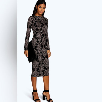 NWT SIZE 8 Boohoo Elegant Black and Cream Patterned Long Sleeve Dress