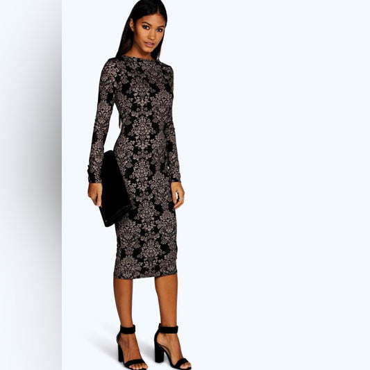 NWT SIZE 8 Boohoo Elegant Black and Cream Patterned Long Sleeve Dress
