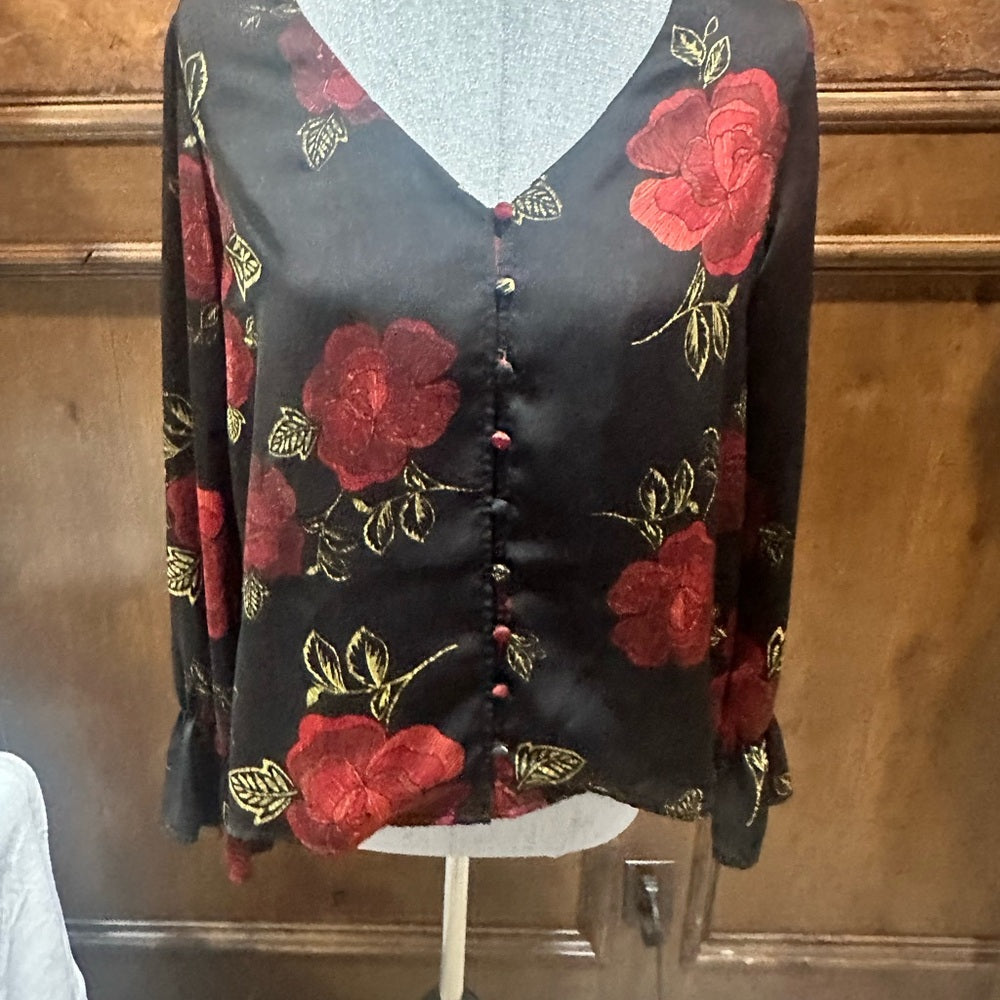 SIZE S cupcakes & cashmere Black Blouse with Red Floral Design