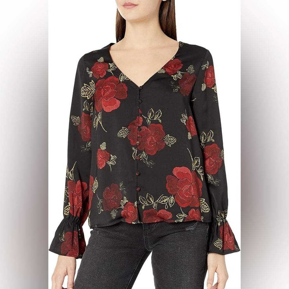 SIZE S cupcakes & cashmere Black Blouse with Red Floral Design