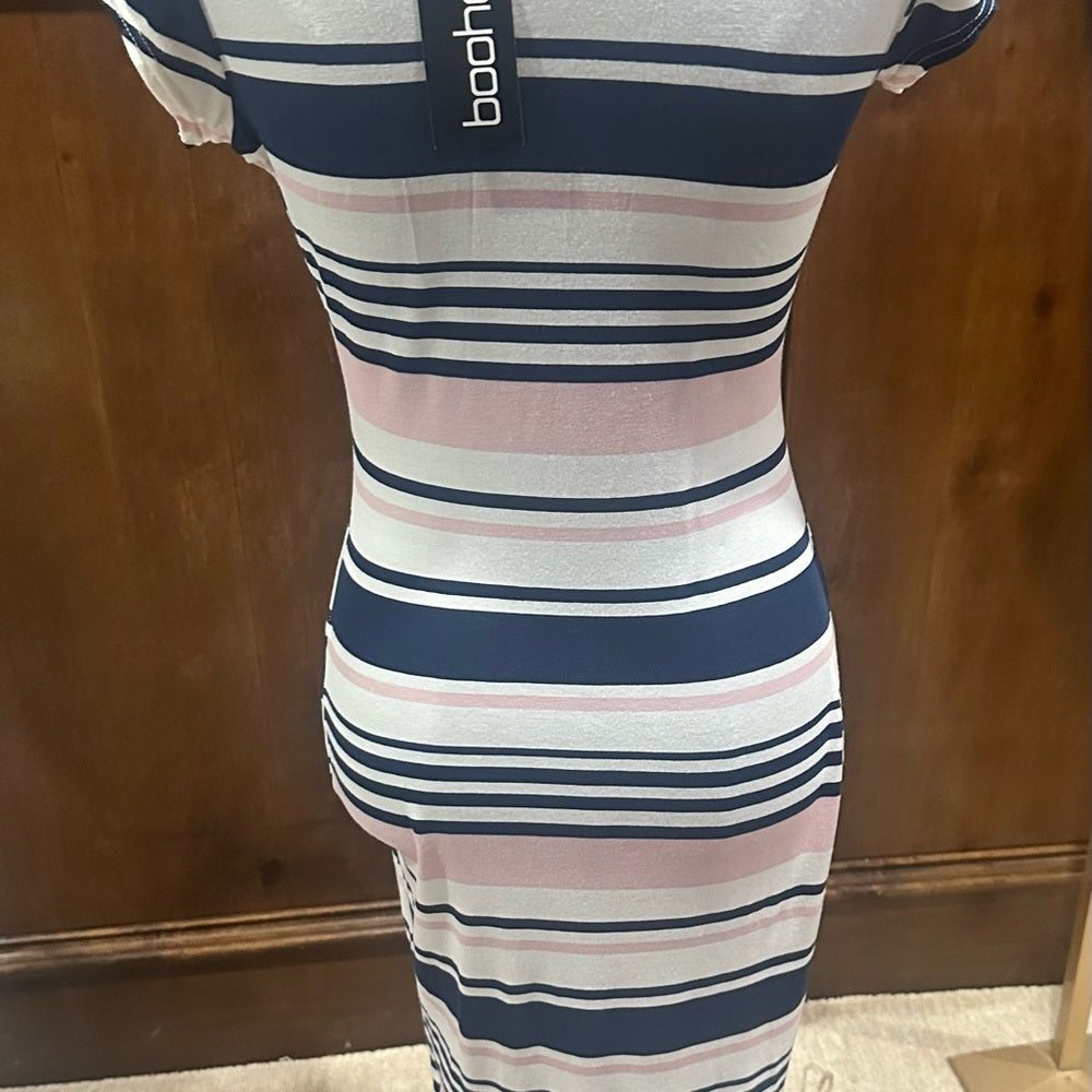 NWT SIZE 6 Boohoo Striped Midi Dress in Navy and Cream