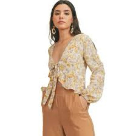 SIZE L Sadie & Sage Floral Tie-Front Crop Top