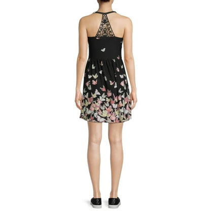 SIZE L No Boundaries Strapless Dress with Black and Pink Floral Design