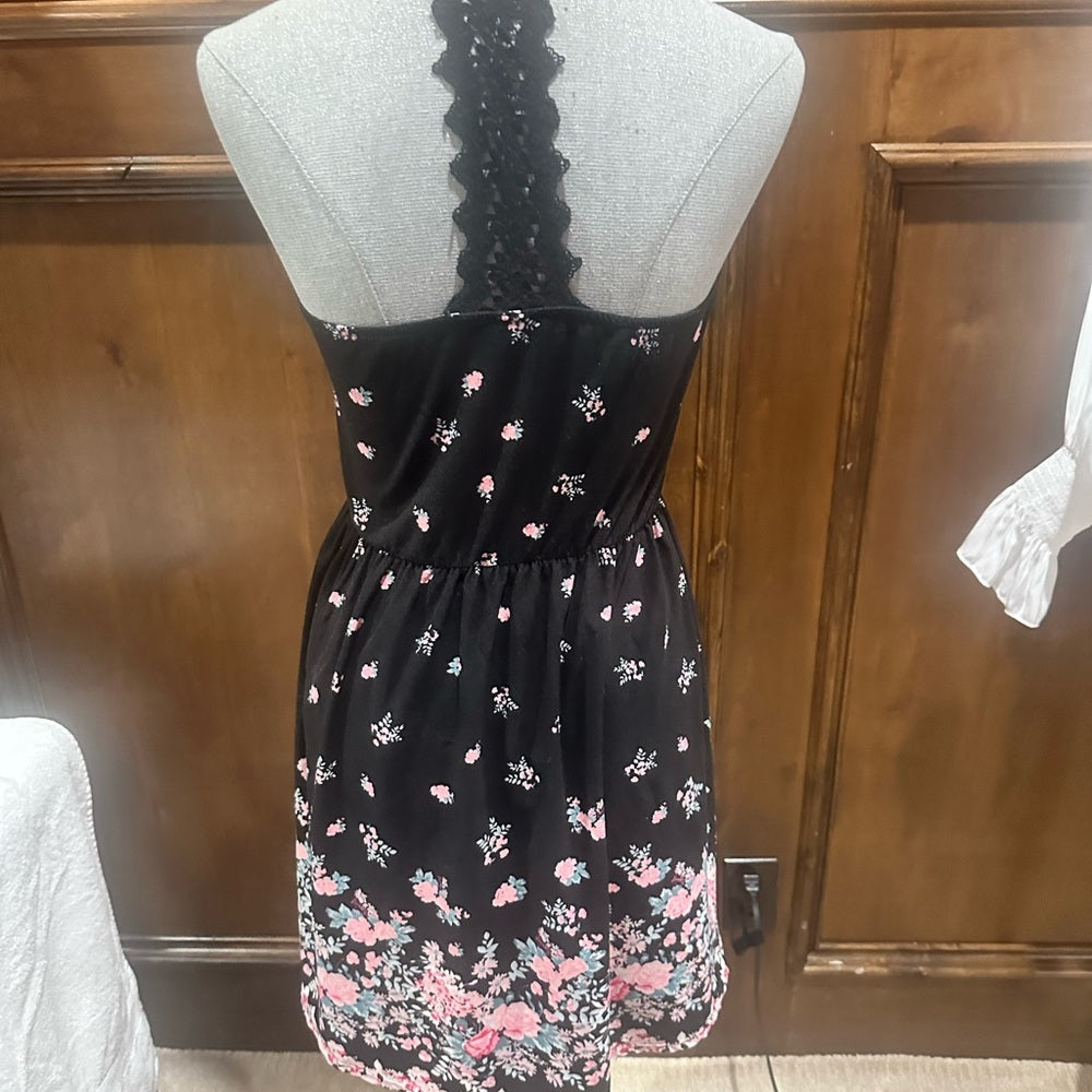 SIZE L No Boundaries Strapless Dress with Black and Pink Floral Design
